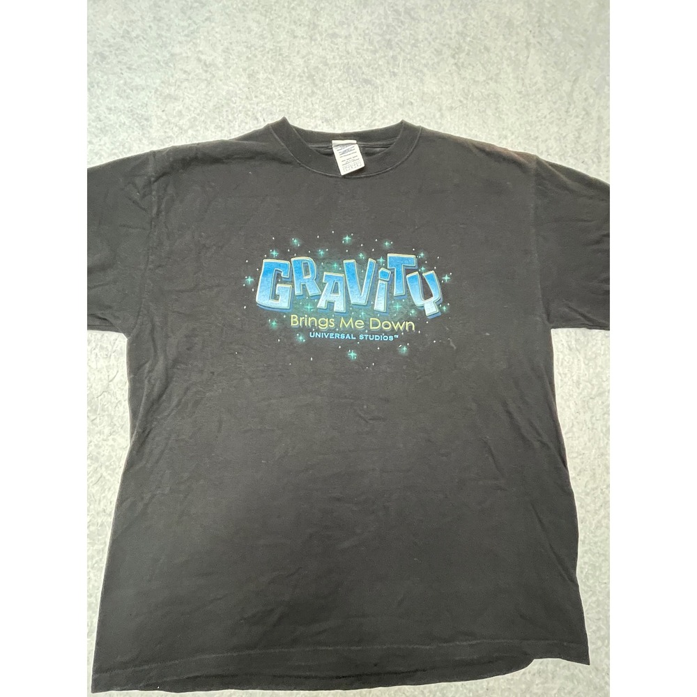 Universal Studio Gravity Brings Me Down Black Graphic T-Shirt Mens L Y2K vintage